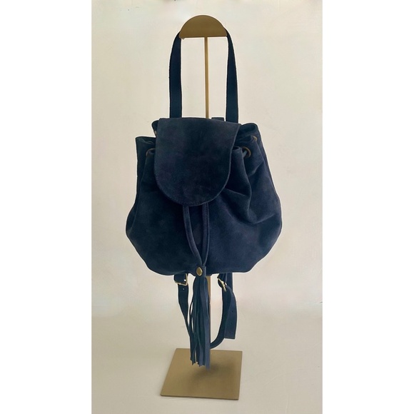 Anthropologie JJ WINTERS Cayden Blue Suede Backpack Purse Tassel Solid Boho - Picture 4 of 9